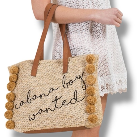 Woven Tote Bag CABANA BOY  WANTED” Black Embroidered Letters Pom Pom’s 14 x 11 - Picture 5 of 6